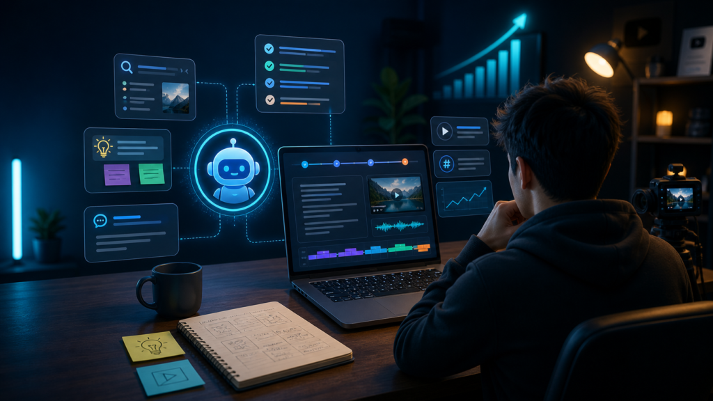 YouTube creator using an AI-assisted workflow for video research, scripting and optimization