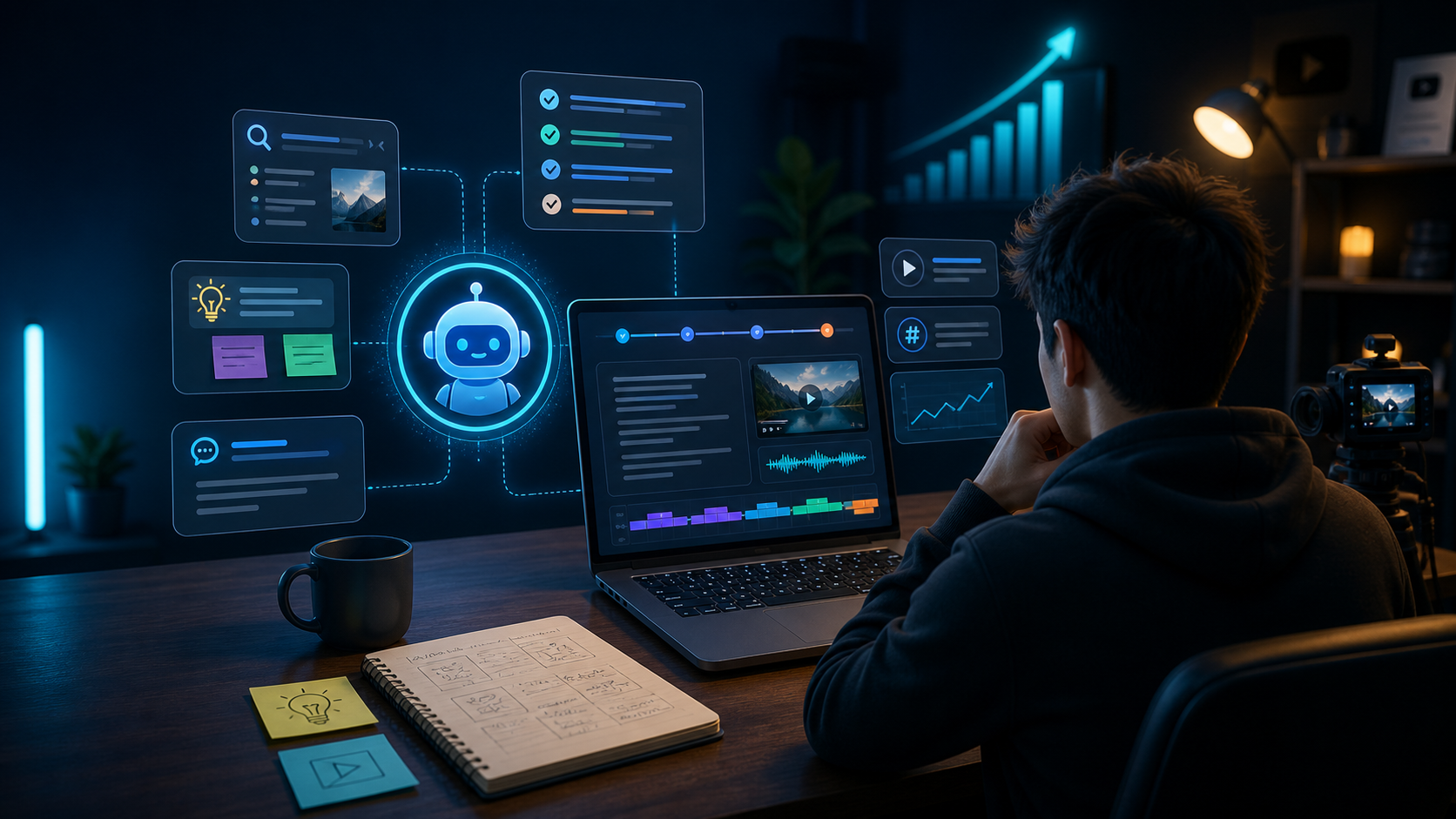 YouTube creator using an AI-assisted workflow for video research, scripting and optimization