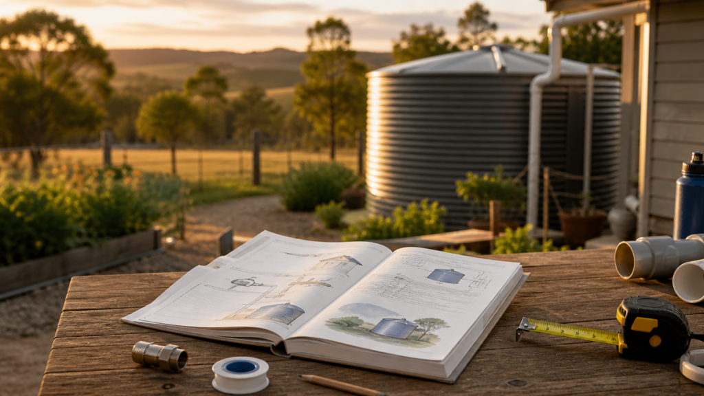Printed household water preparedness guide beside a rainwater collection system and planning tools