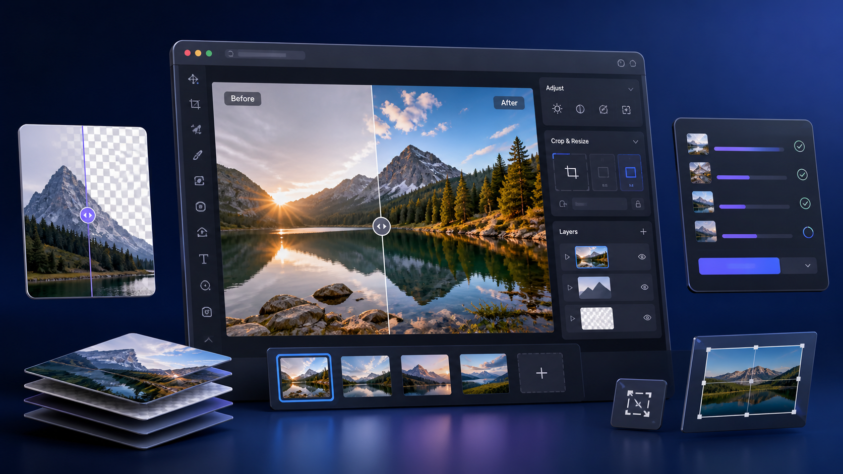 Online photo editing workspace with before-and-after image, background removal and batch processing tools