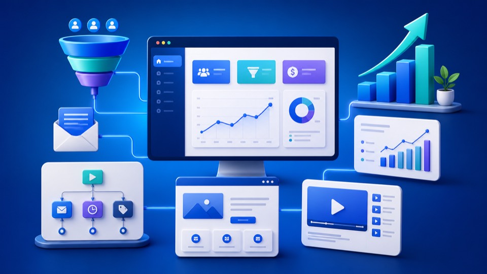 All-in-one digital marketing platform with sales funnels, email automation, analytics and online course tools