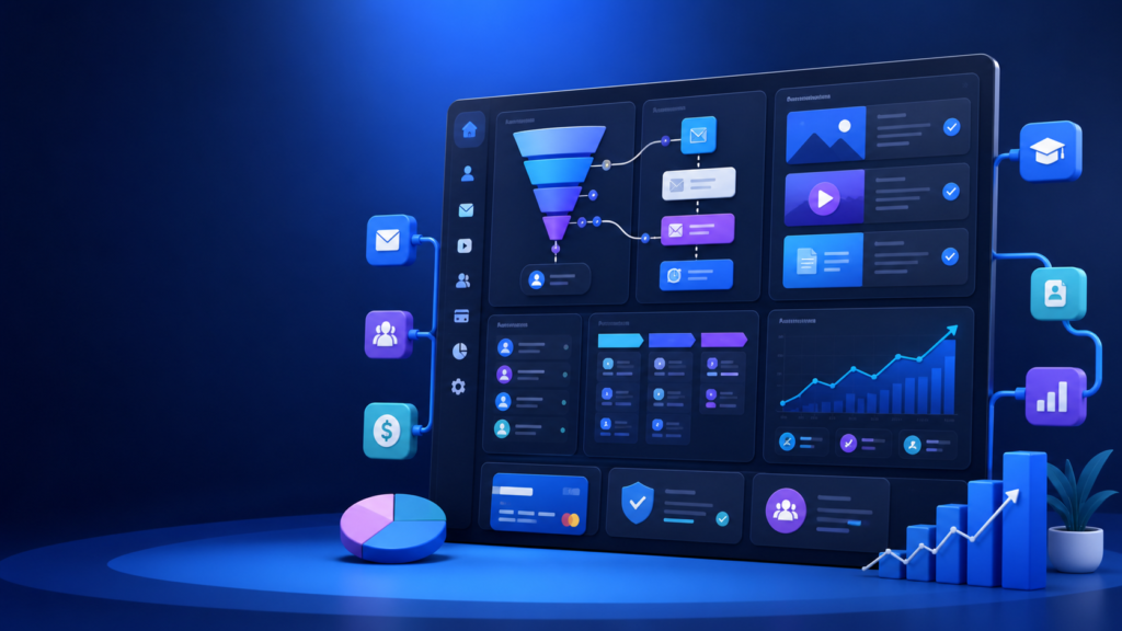 All-in-one marketing platform workspace with funnels, email automation, courses and analytics