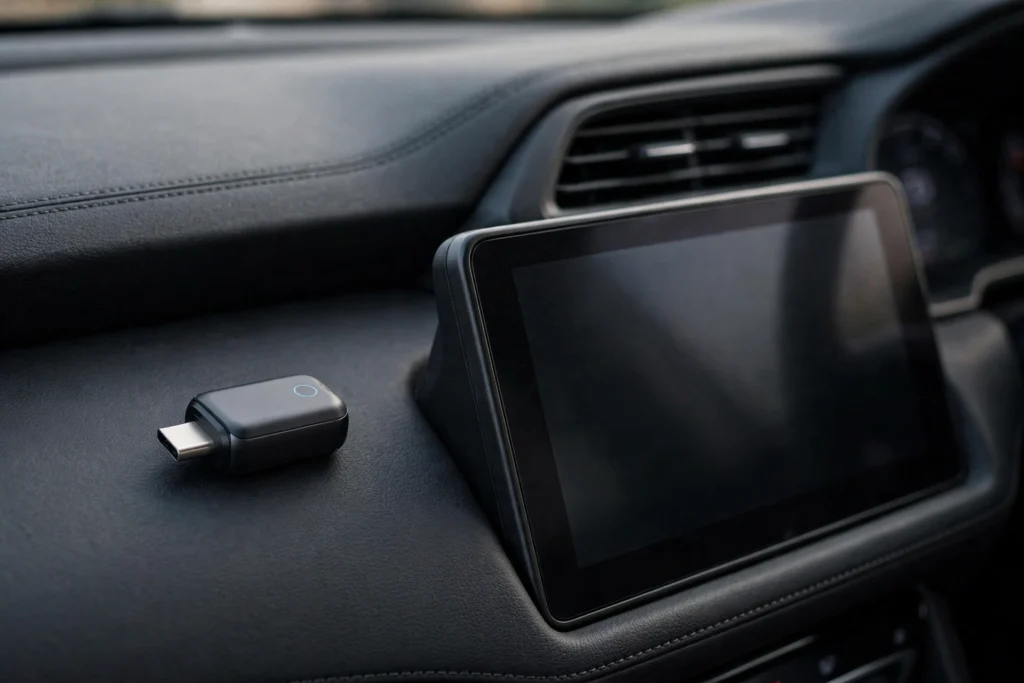 DrivePair wireless CarPlay adapter in a car
